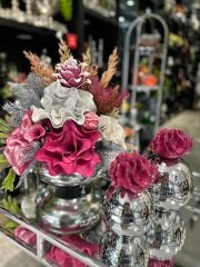 Yapay Çiçekli Gümüş Yassı Vazo 3 Parça Set No:13