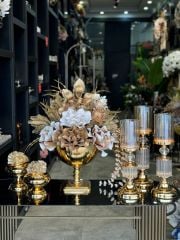 Yapay Çiçekli Gold Kare Ayak Vazo Şamdanlı Set No:5
